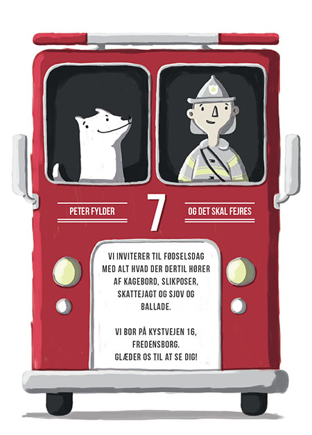 
                Denne skønne brandbil invitation i er for alle de små drenge der elsker brandbiler og passer perfekt til en drengefødselsdag. Brug evt. bagsiden af denne fødselsdagsinvitation til flere praktiske oplysninger eller indsæt et foto af det lille fødselsdagsbarn.                
