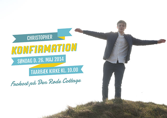 
                Cool og frisk design af en konfirmationsinvitation. Indsæt et smukt foto af konfirmanden på forsiden af denne konfirmationinvitation og benyt bagsiden til anden relevant information om den store dag. Til denne konfirmationinvitation kommer matchende elementer i form af bordkort, menukort mm.                