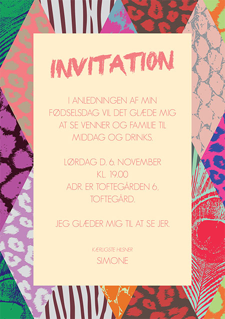 
                Denne grafiske og farverige festinvitation er designet af den dygtige danske designer Andrea Larsson. Der er god plads til at skrive de festlige detaljer på forsiden af bryllupsinvitationen. Benyt bagsiden til de øvrige praktiske oplysninger. Til denne festinvitation kommer også matchende elementer i form af velkomstskilt, bordoversigt, menukort, bordkort, drinkskort, takkekort mm. således I kan skabe en rød tråd for festdagen.                