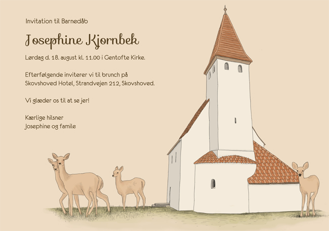 
                En smuk og idylisk dåbsinvitation med blide farver  - den danske klassiske hvide kirke og hjorte fra skoven. Denne invitation ville passe perfekt til et arrangement i det grønne. Benyt bagsiden til at indsætte yderligere oplysninger, en ønskeliste eller et foto af det lille dåbsbarn. Til din invitation kan du også få nogle smukke og matchende menukort, bordkort, takkekort mm.  
                